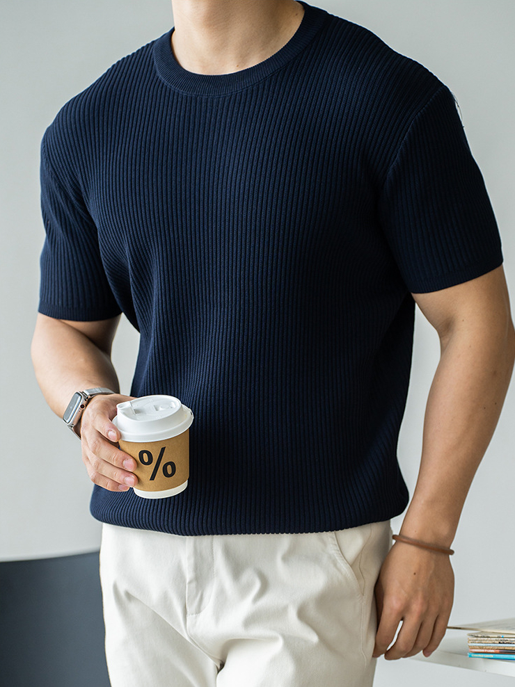 乾爽吸溼透氣針織短袖T恤男士2025夏季立體修身商務通勤休閒上衣