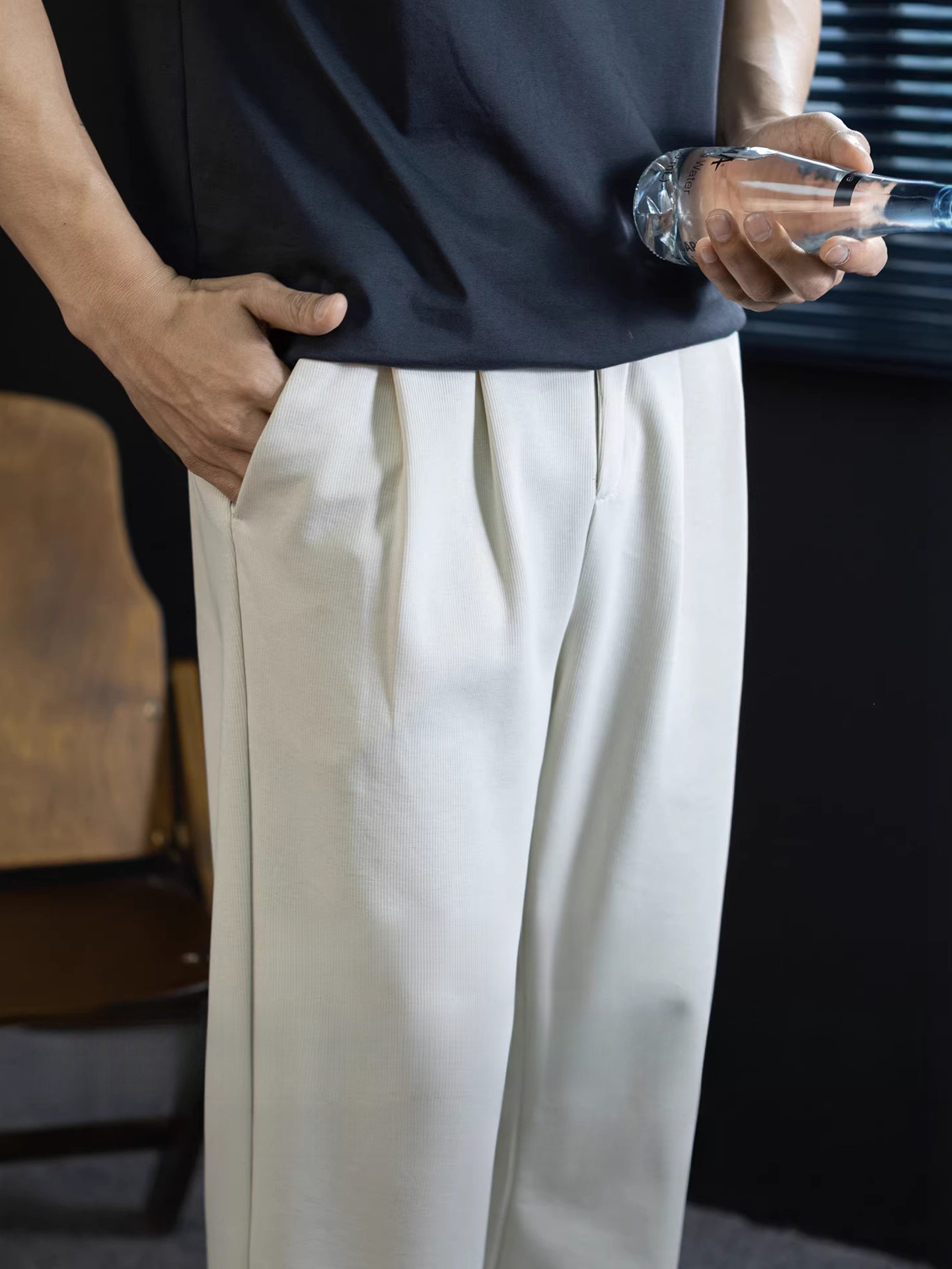 豎紋肌理感褶位男士休閒褲高彈針織直筒褲抗皺通勤西褲舒適零束縛