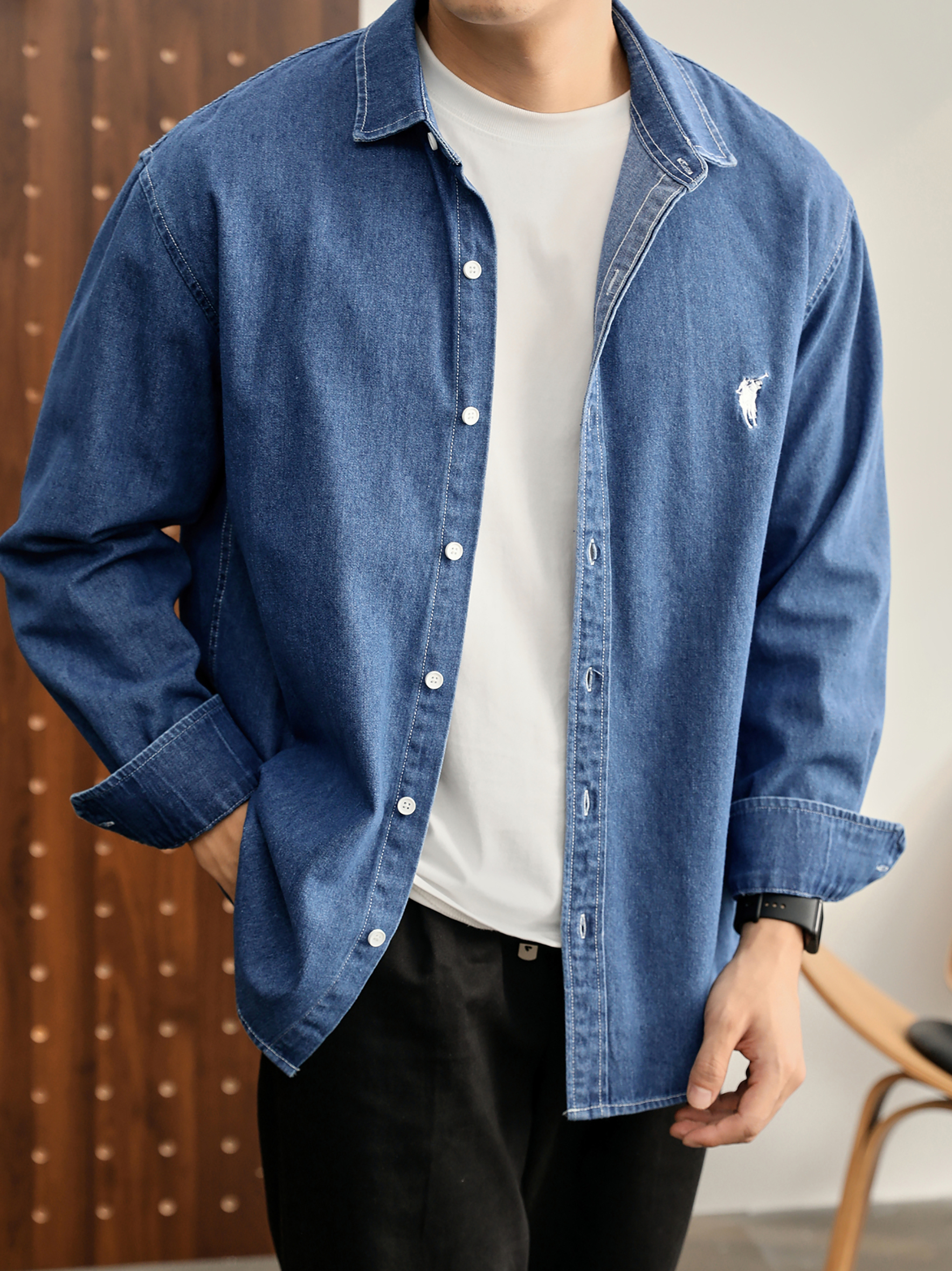 美式潮牌復古水洗做舊騎士刺繡100%純棉牛仔休閒長袖襯衫男