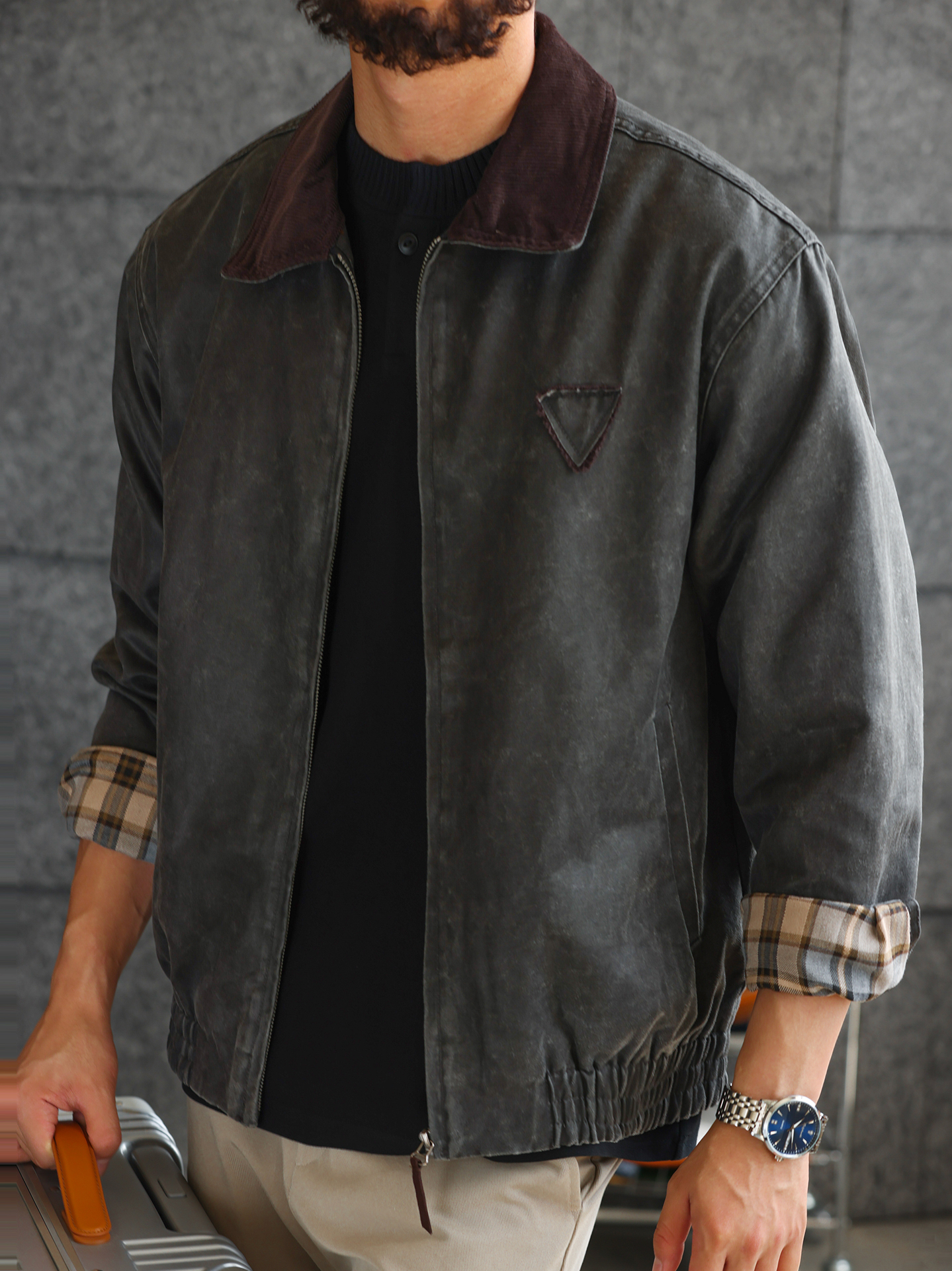 【磨毛質感】水洗油蠟皮紋理撞色翻領夾克男商務休閒外套