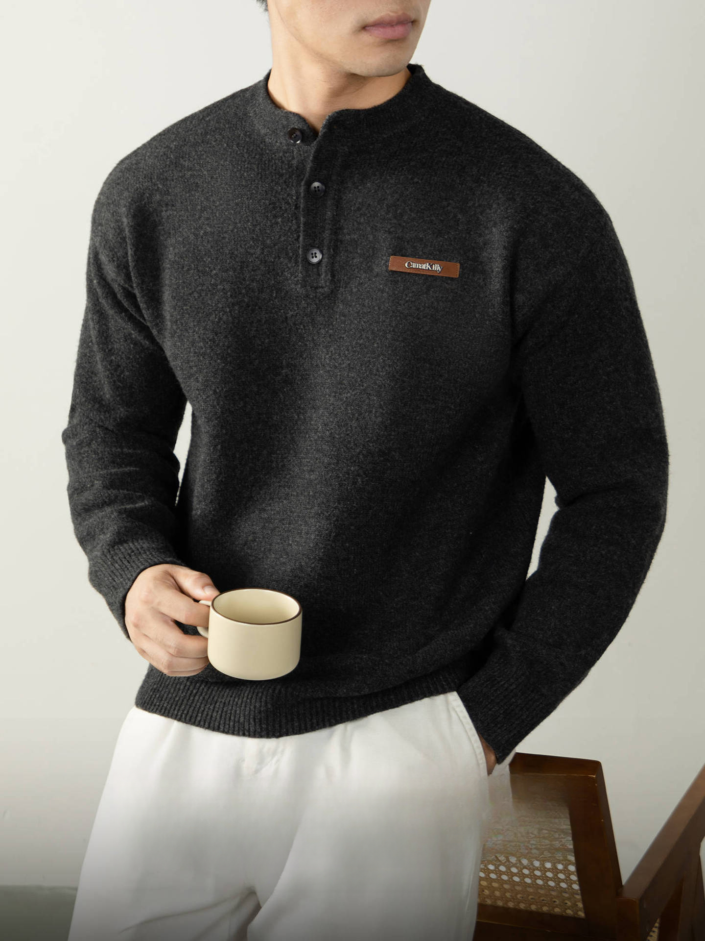 【紳士腔調】老錢風 經典亨利領寬鬆男士針織衫2025秋冬保暖百搭