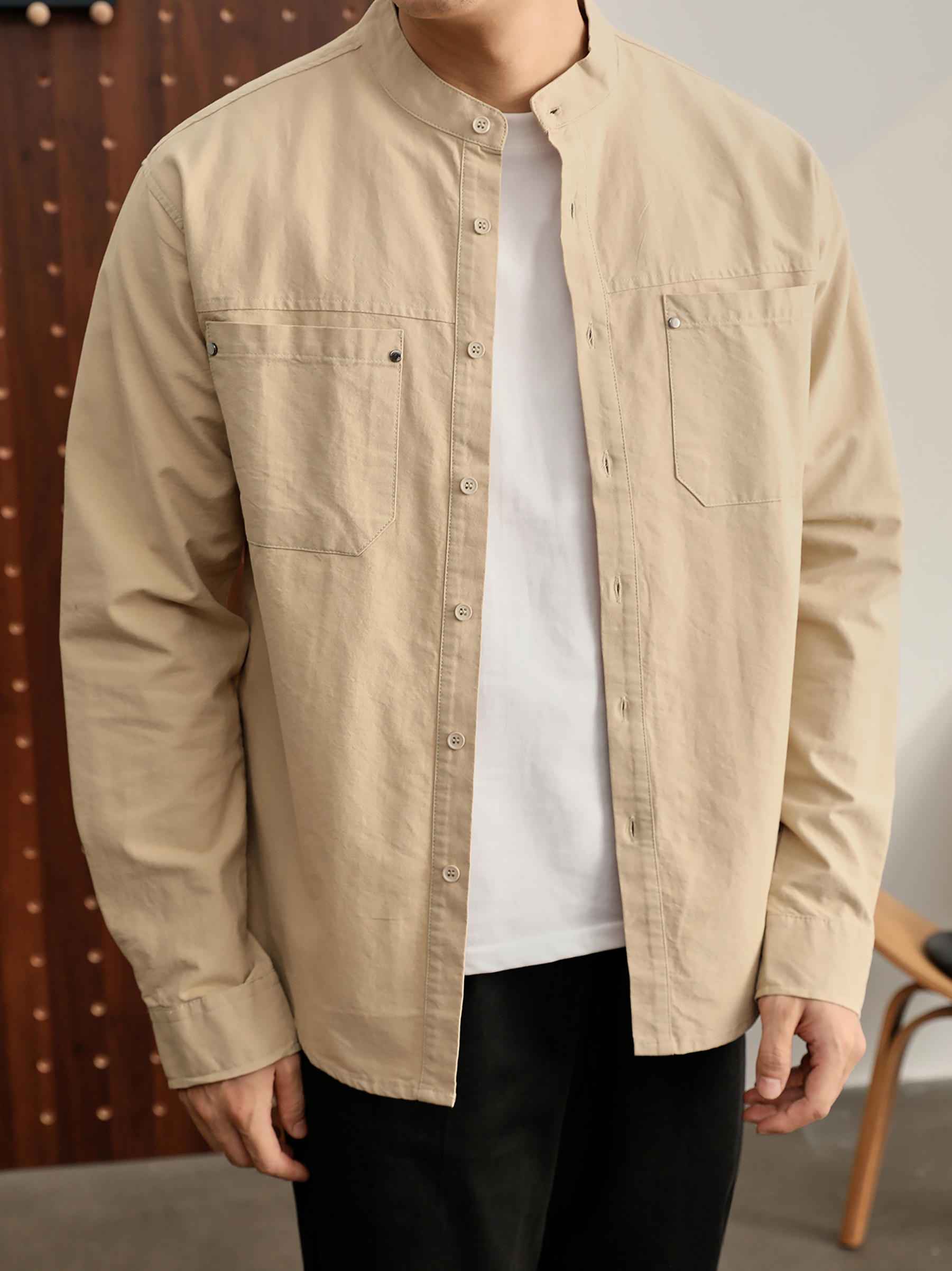 时尚潮奢立领长袖衬衫100%纯棉金属铆钉双口袋衬衣外套男款