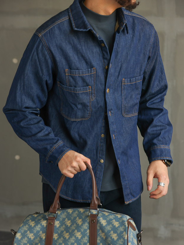 【紳士型格】美式休閒藍色加絨牛仔襯衫男士長袖襯衣外套