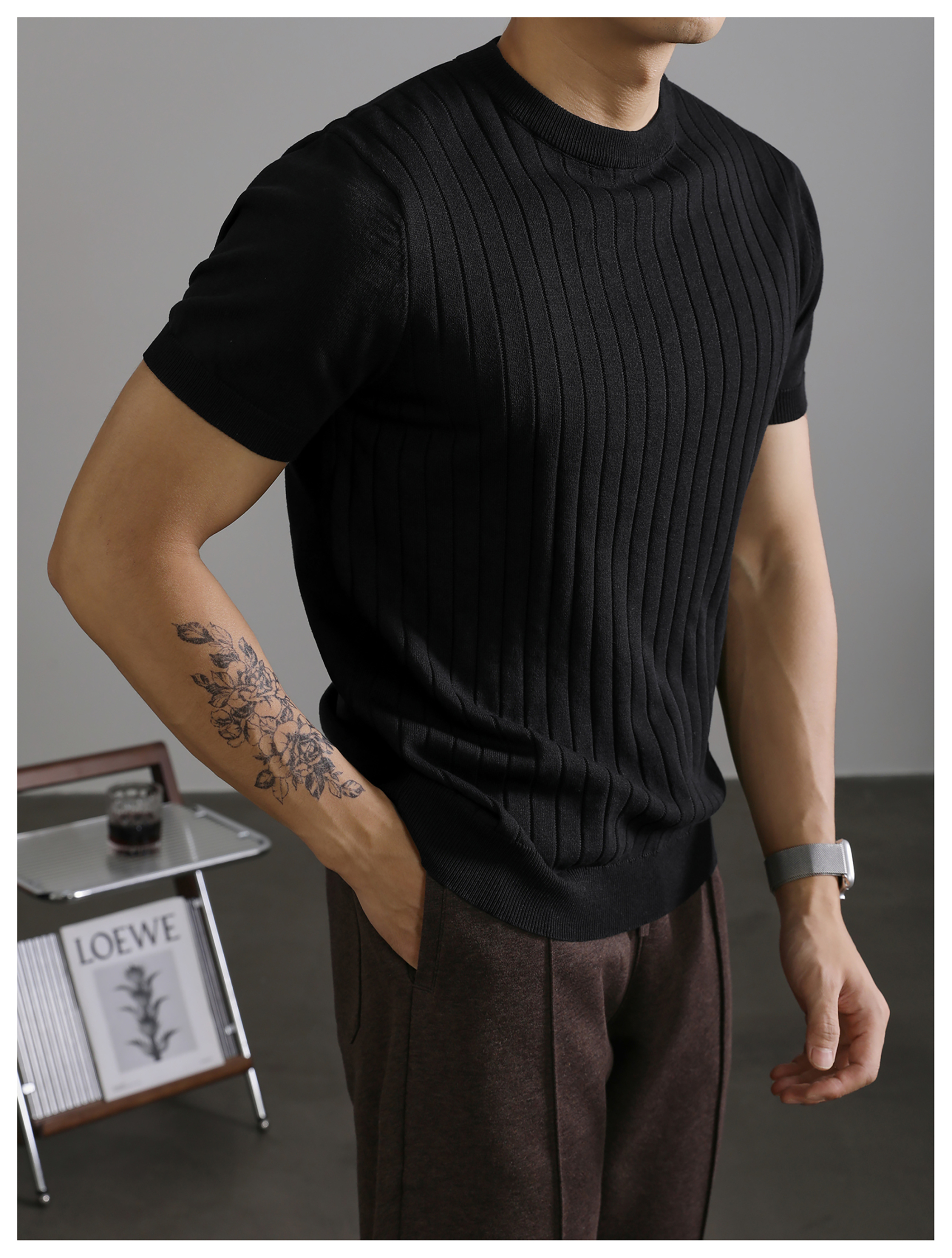 黑色簡質圓領短袖上衣男夏季透氣針織款T恤衫大條紋薄款體恤