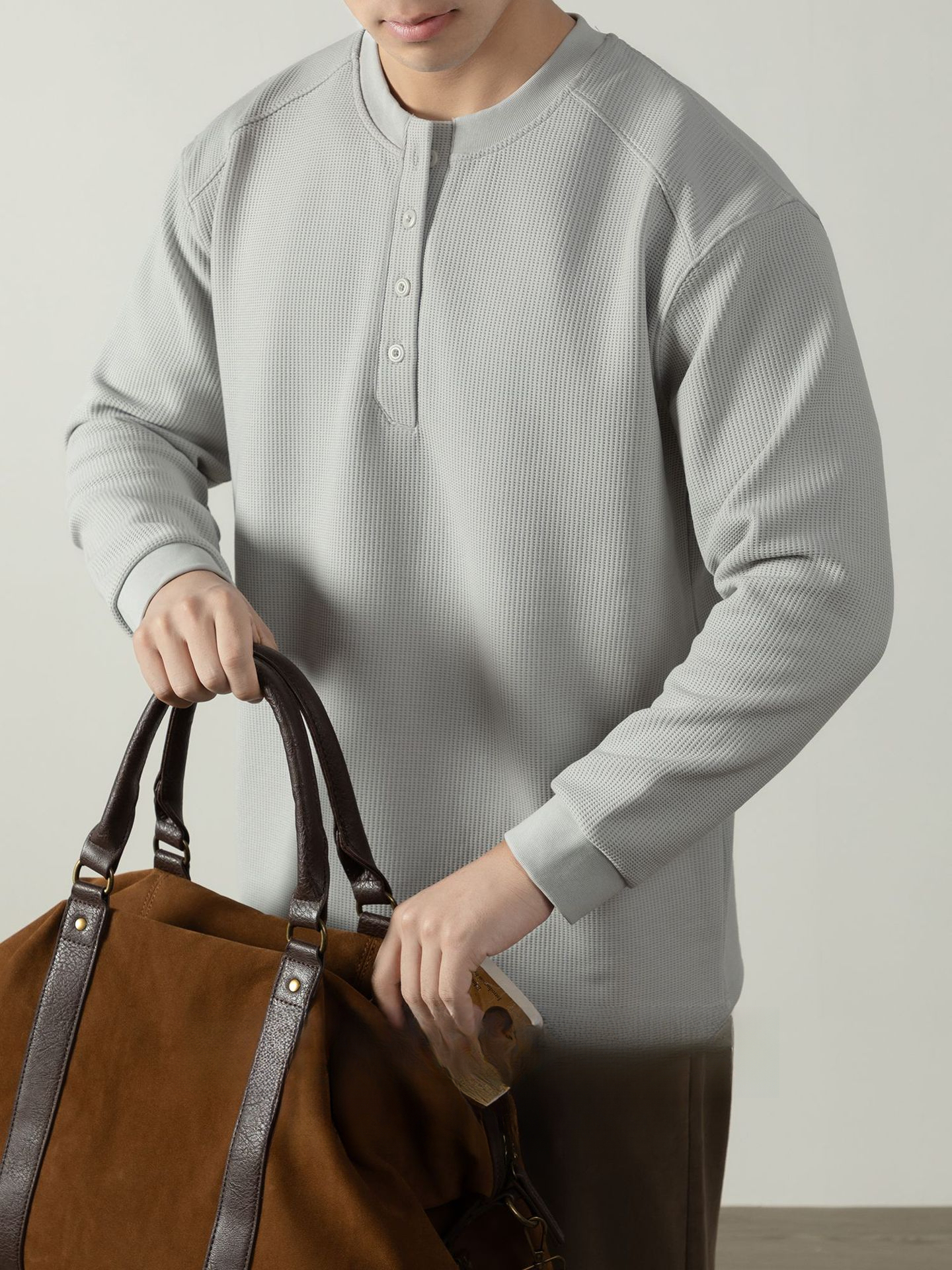 【CD精英系列】輕奢棉感400G華夫格亨利領T桖男款秋季通勤打底衫