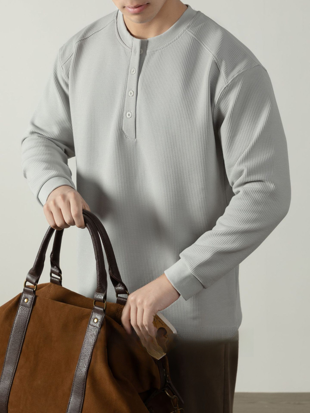 【CD精英系列】輕奢棉感400G華夫格亨利領T桖男款秋季通勤打底衫