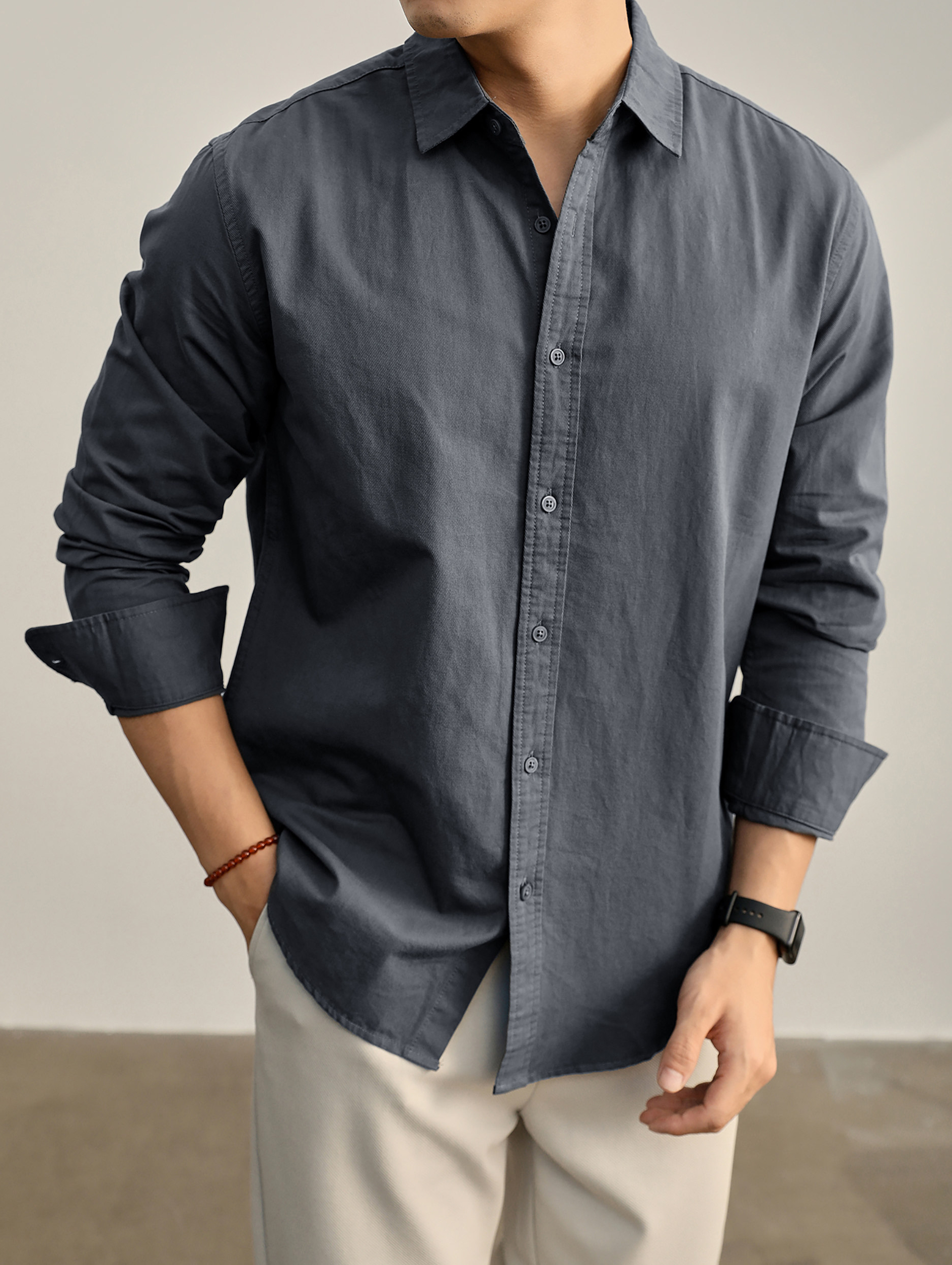 高端韓版100%純棉翻領襯衫男秋季純色時尚百搭長袖寸衣外套