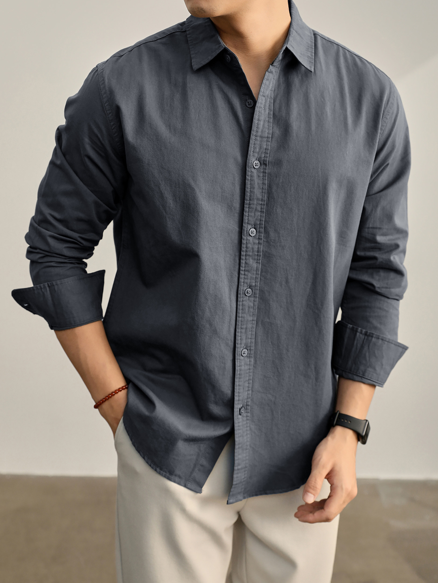 高端韓版100%純棉翻領襯衫男秋季純色時尚百搭長袖寸衣外套