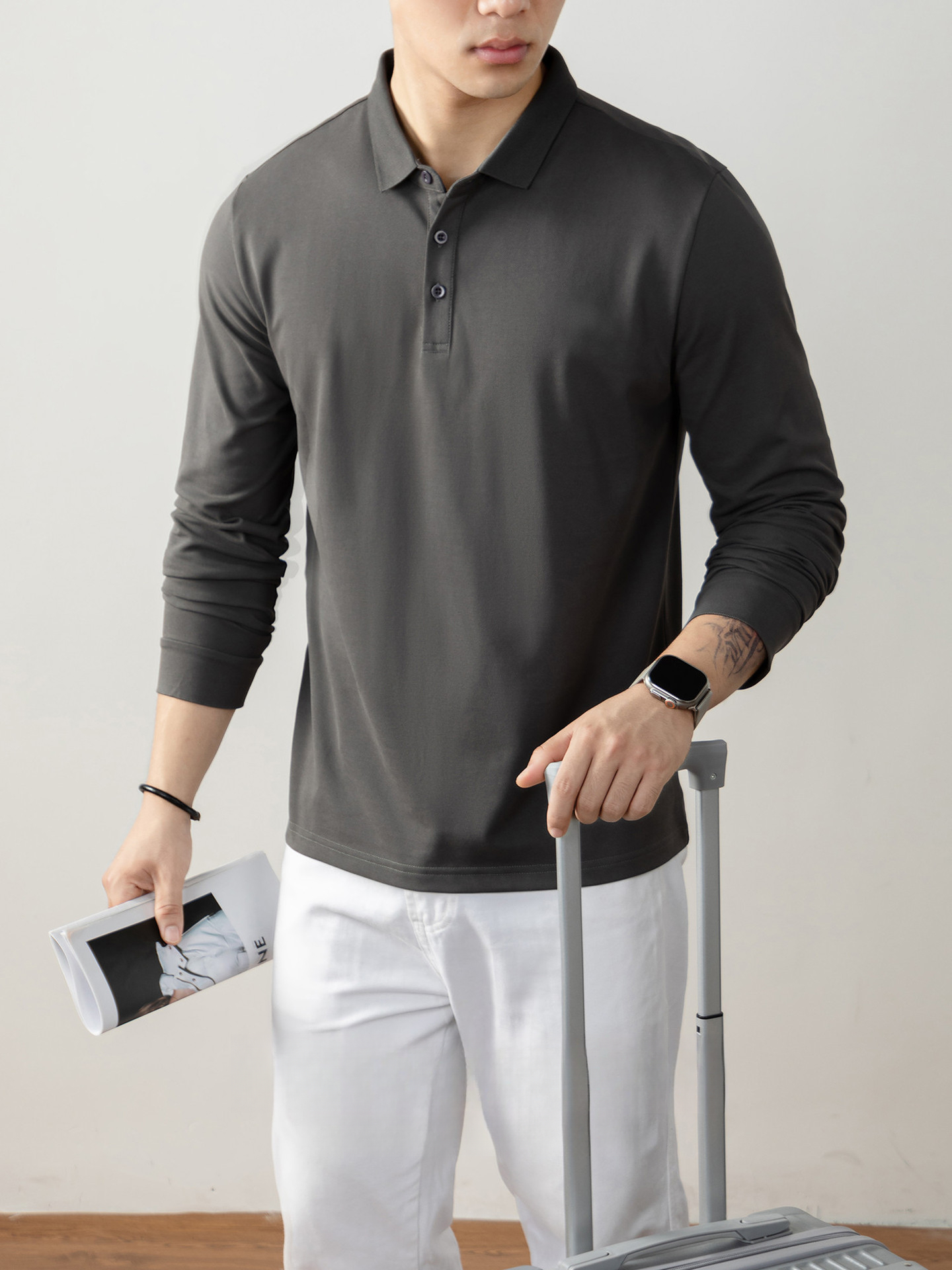 【高端系列】橫機親膚珠地男士長袖Polo衫休閒翻領T恤