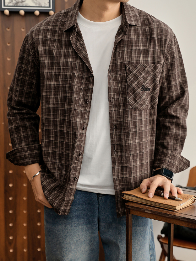 美式復古慵懶格子100%純棉長袖襯衫男休閒cleanfit襯衣外套