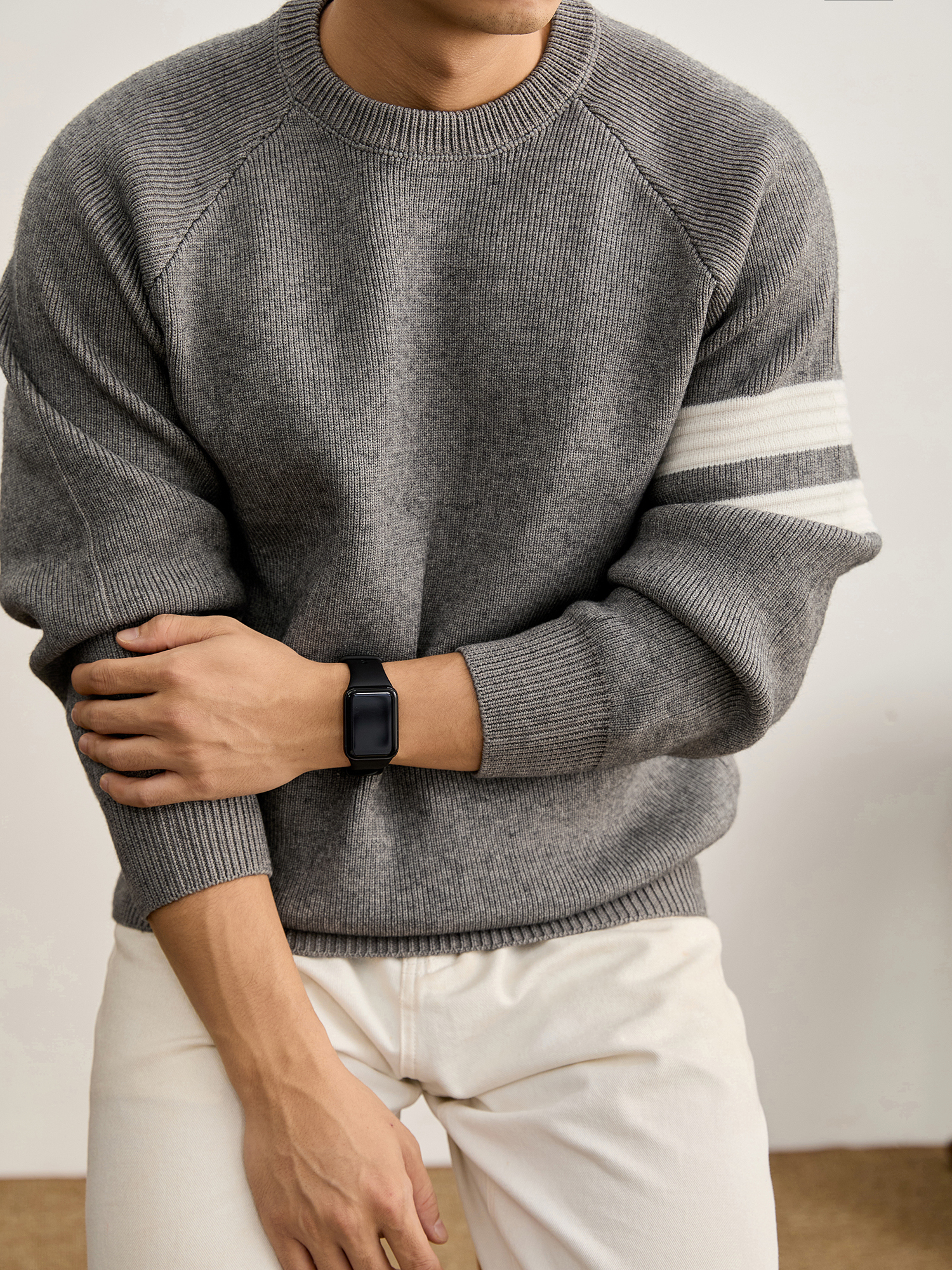 重磅810g極簡風潮奢圓領針織衫男秋冬季保暖兩道槓套頭毛衣