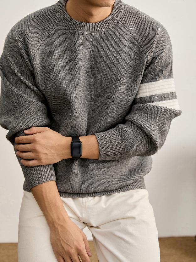 重磅810g極簡風潮奢圓領針織衫男秋冬季保暖兩道槓套頭毛衣