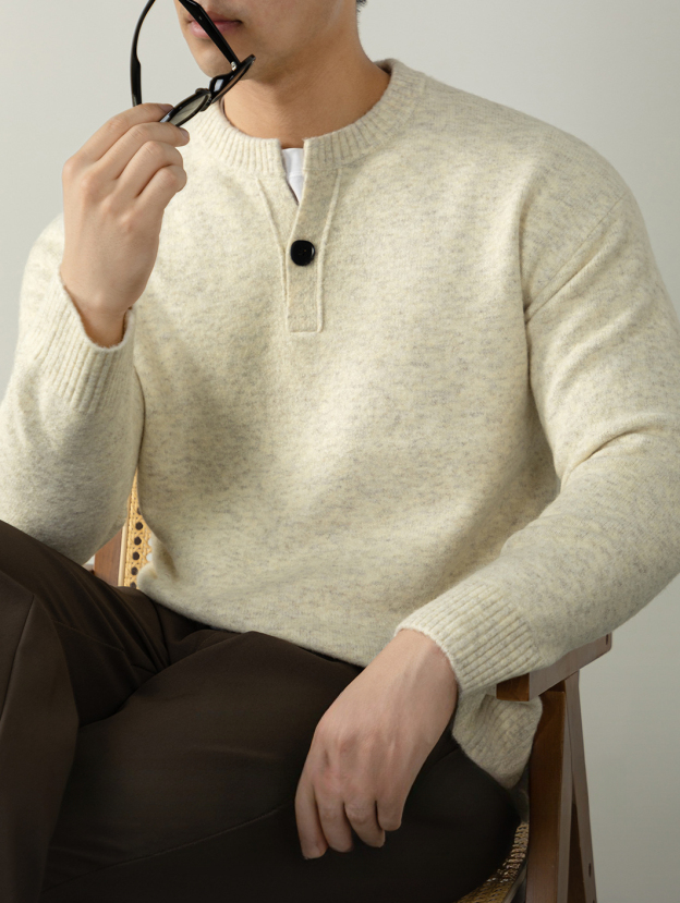 美式單扣亨利領毛衣男士休閒鬆弛感秋冬季保暖針織衫