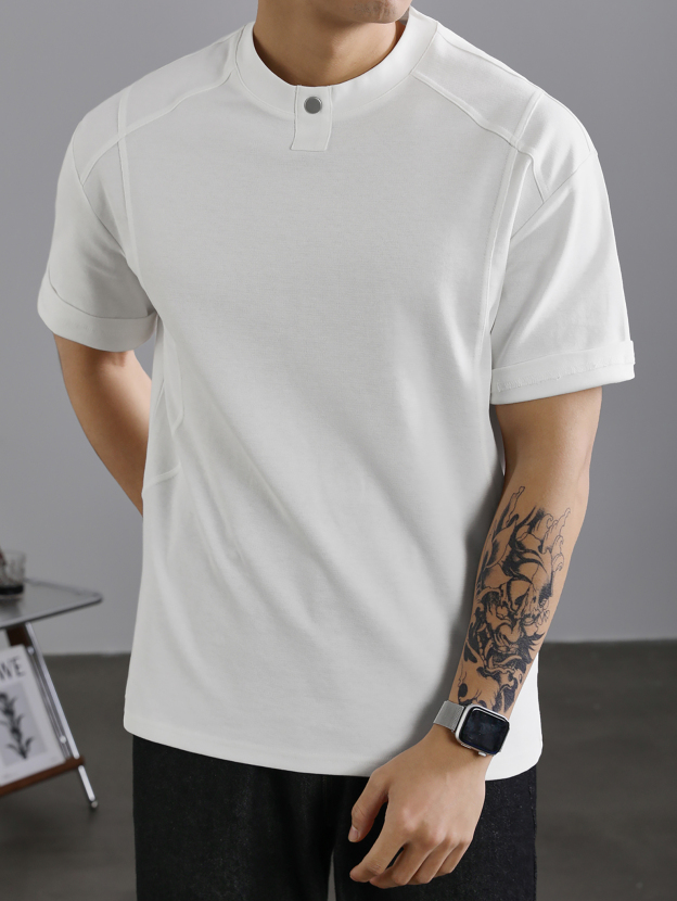 潮牌設計感鉚釘裝飾圓領短袖T恤男款夏季小領口休閒體恤上衣