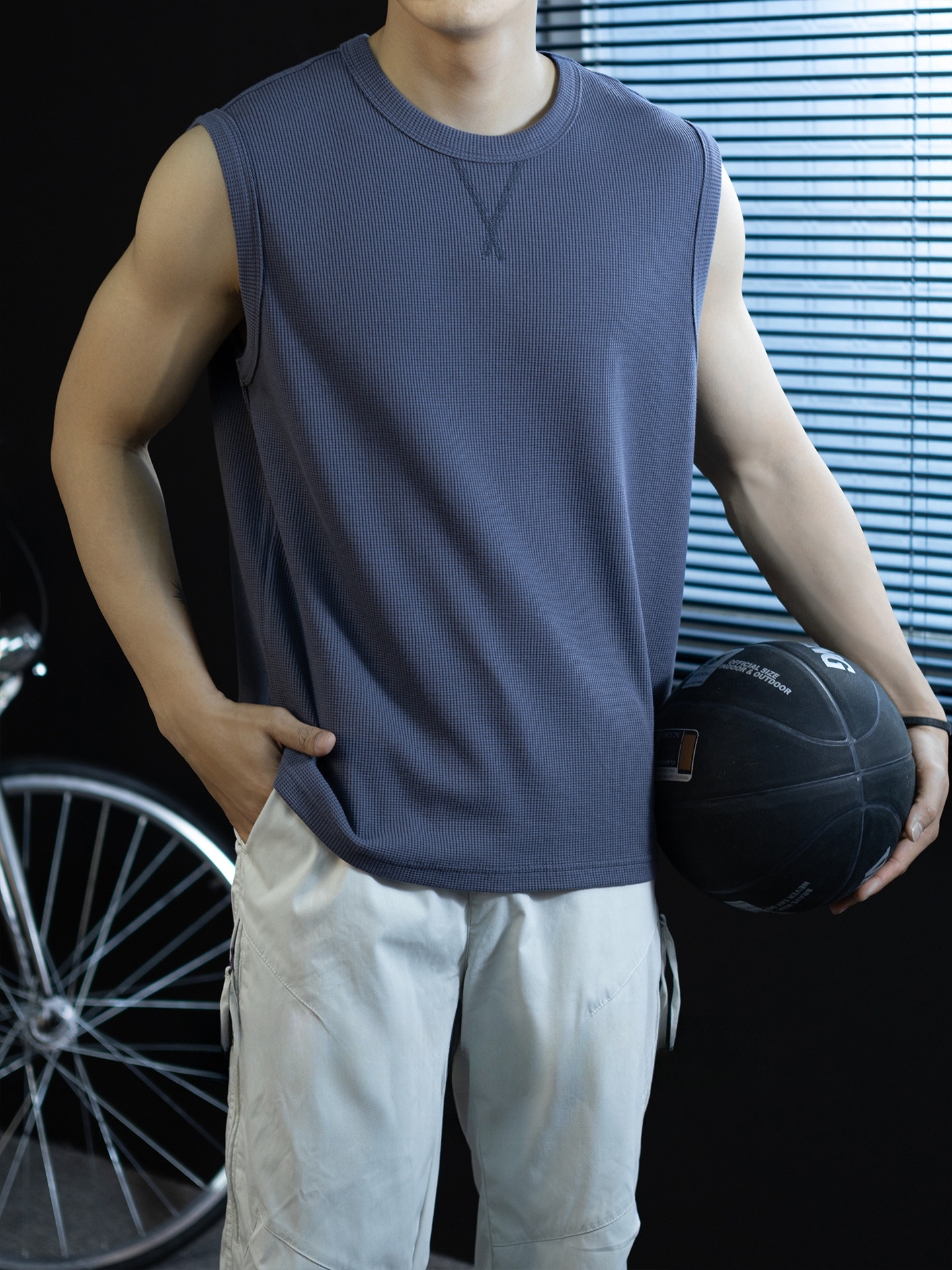 【極簡三角設計】240g華夫格肌理無袖背心男夏季舒適抗菌坎肩t桖