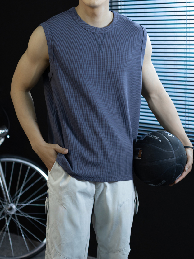 【極簡三角設計】240g華夫格肌理無袖背心男夏季舒適抗菌坎肩t桖