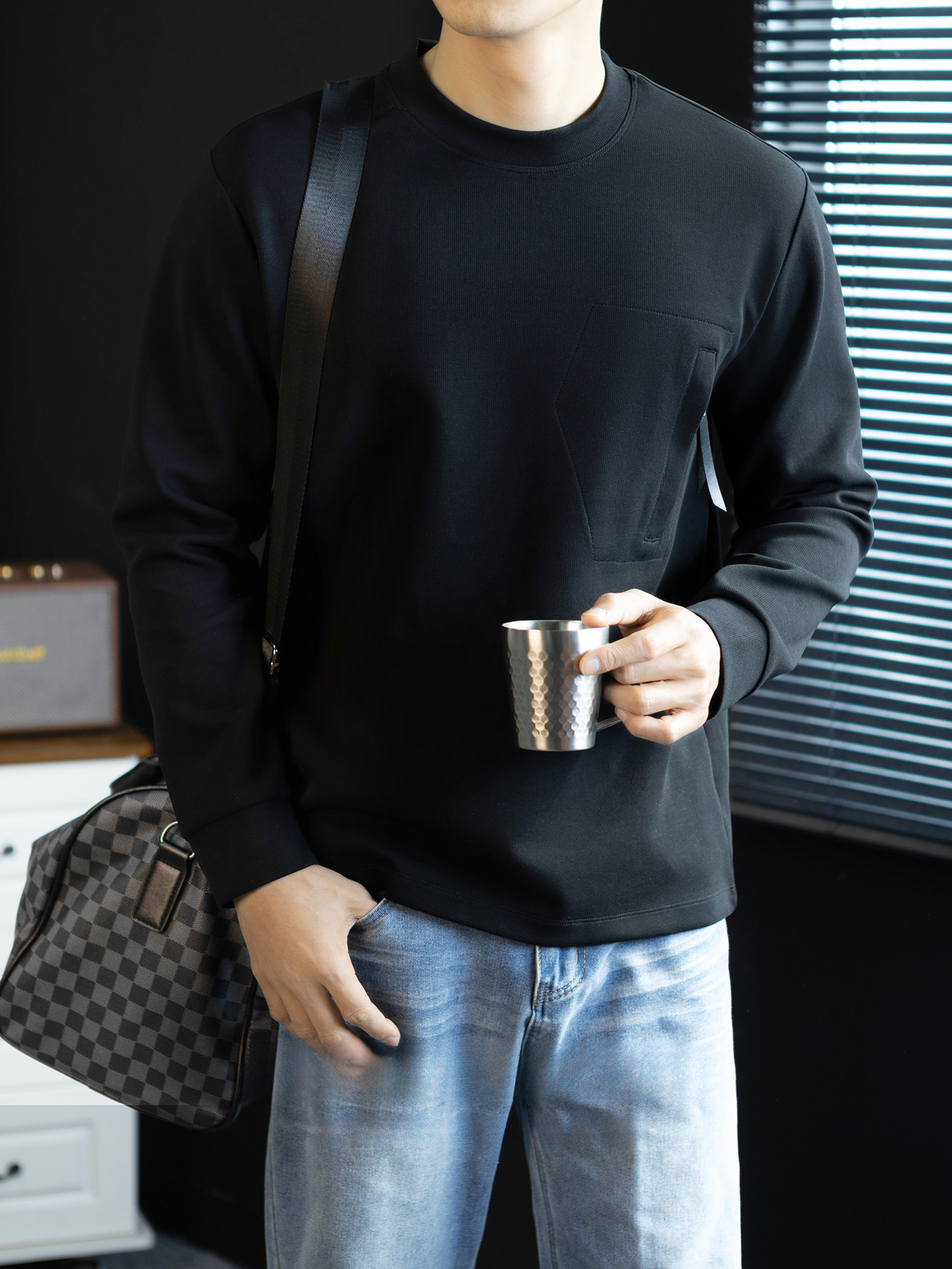 【紳士秋田風】320G重磅細紋拉鍊口袋T桖長袖男春季通勤百搭衛衣