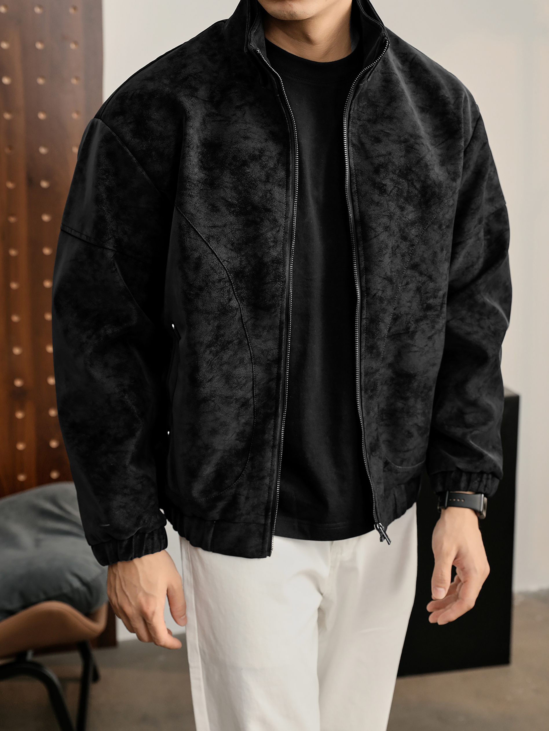 美拉德霧面樹紋紋理感冬季保暖PU皮衣夾克男解構線立領外套