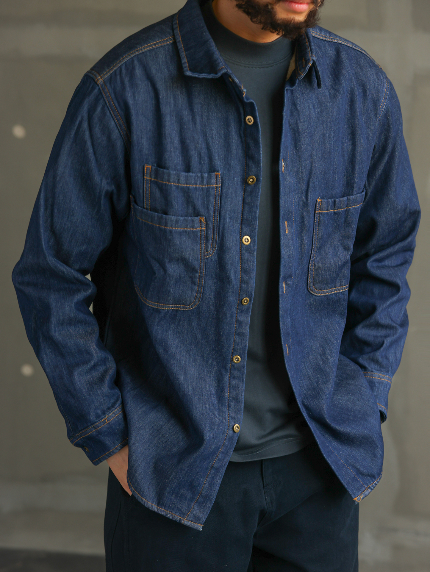 【紳士型格】美式休閒藍色加絨牛仔襯衫男士長袖襯衣外套