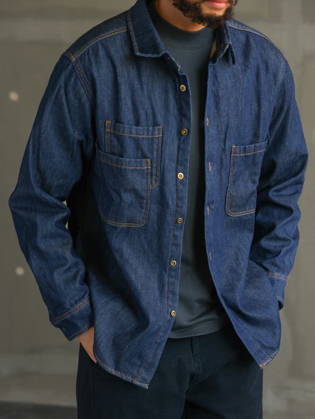 【紳士型格】美式休閒藍色加絨牛仔襯衫男士長袖襯衣外套