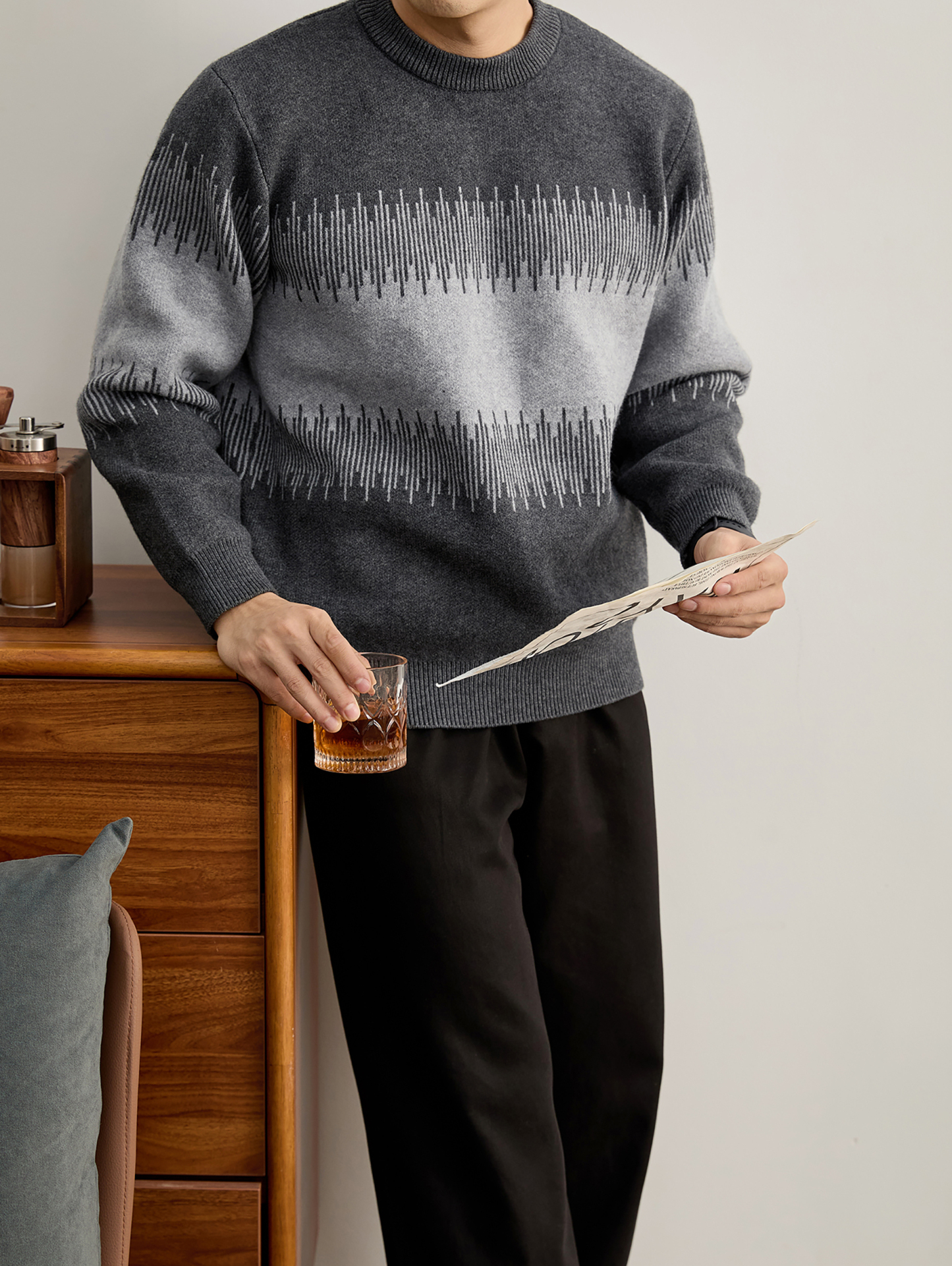高克重750g個性酷潮圓領長袖針織衫男冬聲波狀紋理撞色毛衣