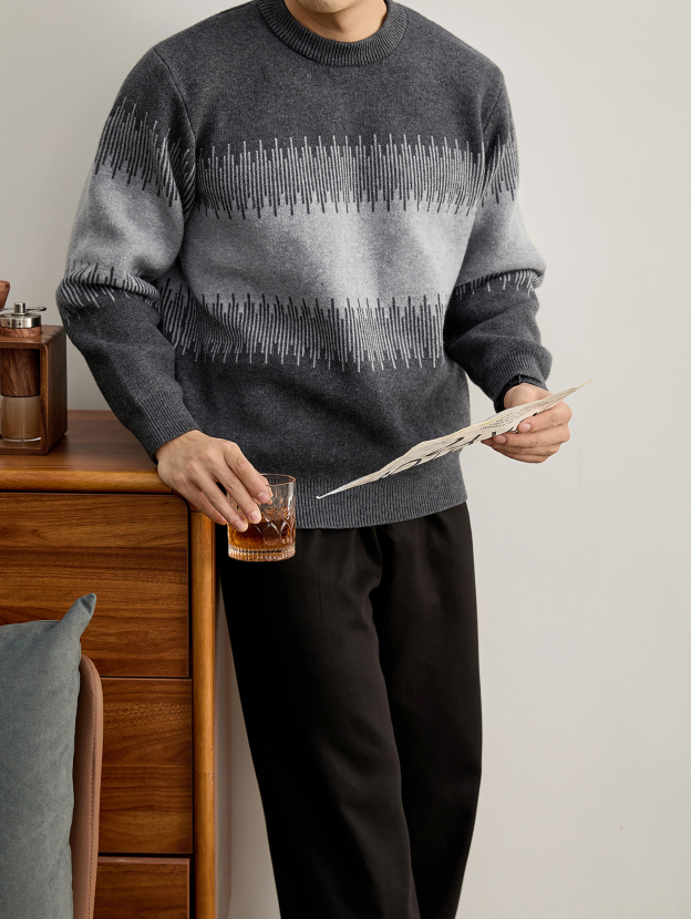高克重750g個性酷潮圓領長袖針織衫男冬聲波狀紋理撞色毛衣