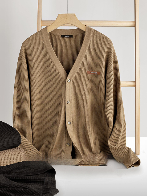 復古植鞣皮標針織衫12針精紡豎紋男士開衫毛衣秋冬通勤高級不撞款