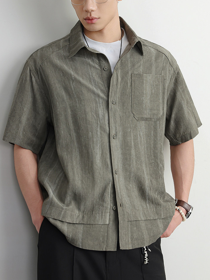 【萊賽爾亞麻】高端老錢美式復古條紋短袖襯衫男抗皺涼感開衫外套