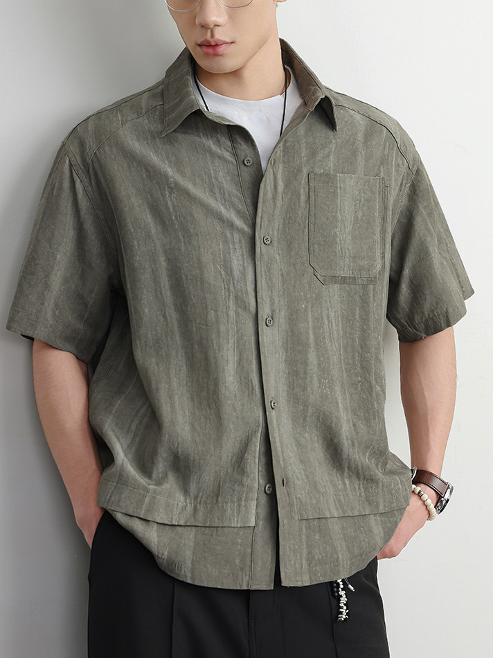 【萊賽爾亞麻】高端老錢美式復古條紋短袖襯衫男抗皺涼感開衫外套