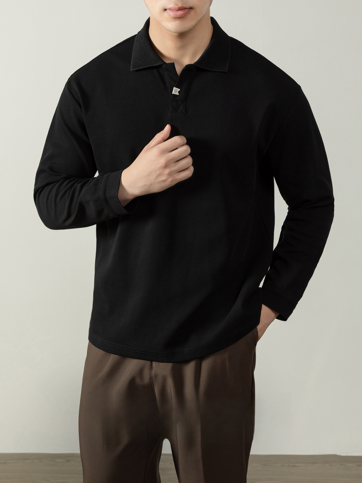 奢享系列| 高級維希格紋棉海鷗領POLO衫男長袖厚款秋冬百搭上衣