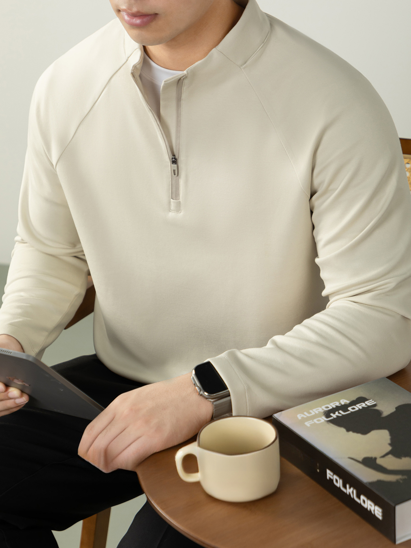 CloudTouch™頂奢300G莫代爾雲感T恤男長袖拉鍊立領商務通勤上衣