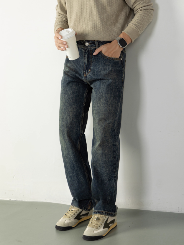 【美式復古懷舊】水洗牛仔褲男長褲微闊直筒舒適休閒褲潮流高級感