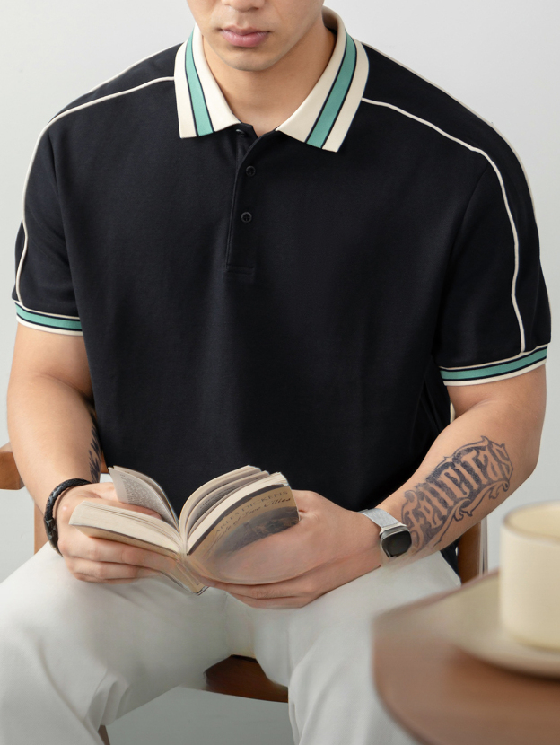 【涼感】液氨珠地棉撞色條紋POLO衫男士短袖夏季薄款休閒翻領T恤