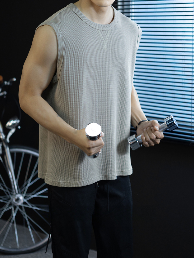 【極簡三角設計】240g華夫格肌理無袖背心男夏季舒適抗菌坎肩t桖