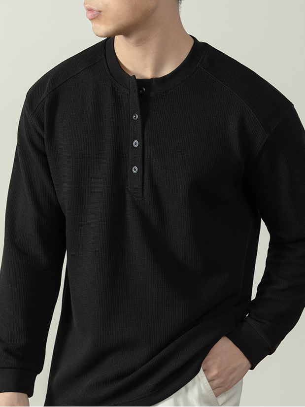 【CD精英系列】輕奢棉感400G華夫格亨利領T桖男款秋季通勤打底衫