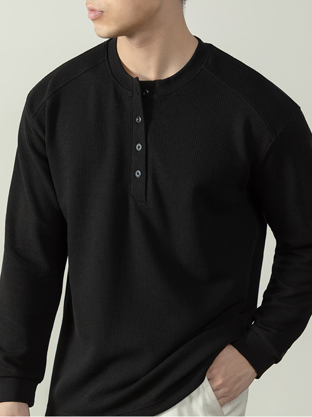 【CD精英系列】輕奢棉感400G華夫格亨利領T桖男款秋季通勤打底衫