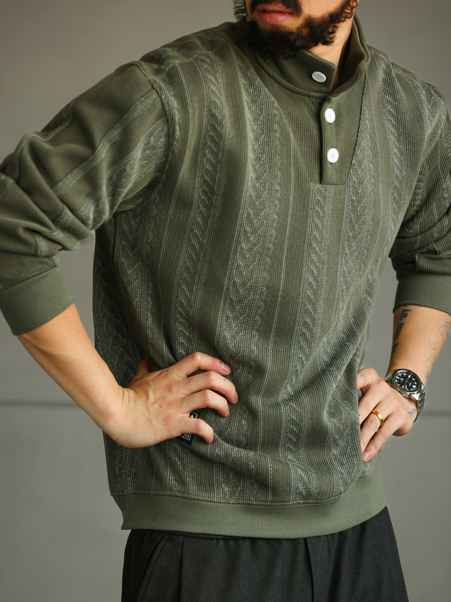 【南法時光】設計感半排扣立領POLO衫男寬鬆休閒套頭衛衣