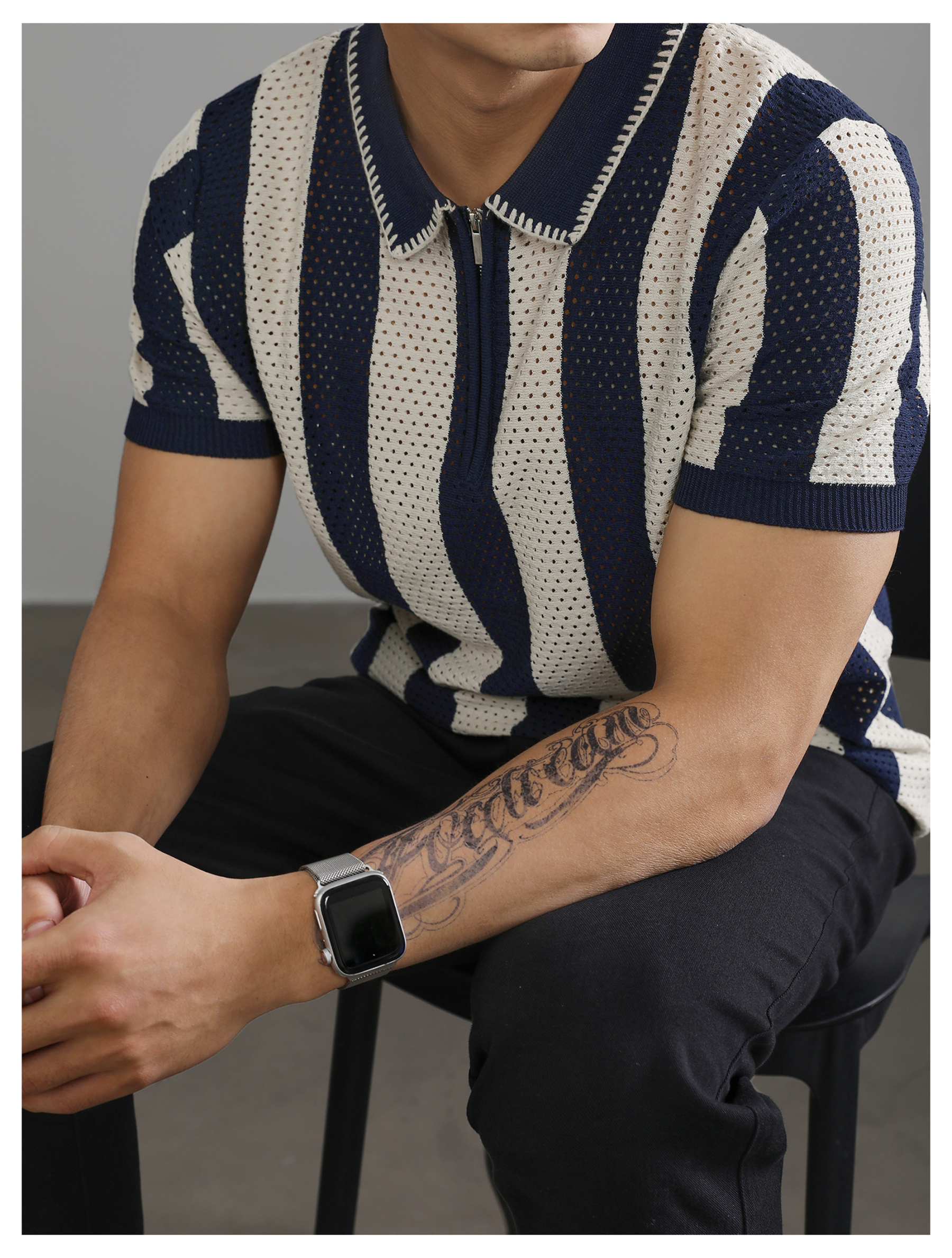 半拉鍊翻領polo衫短袖男士復古鏤空針織衫高級感潮牌保羅衫