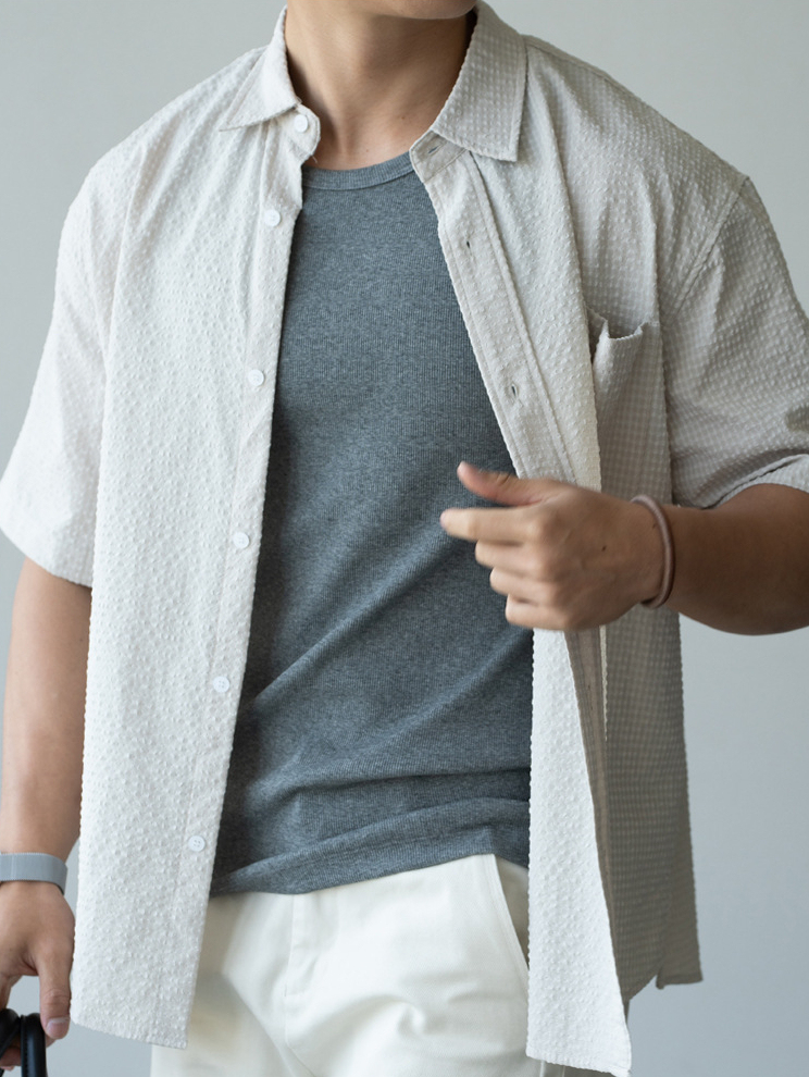 坑條羅紋肌理透氣抗皺T恤男士2025夏季新款通勤休閒高彈健身上衣