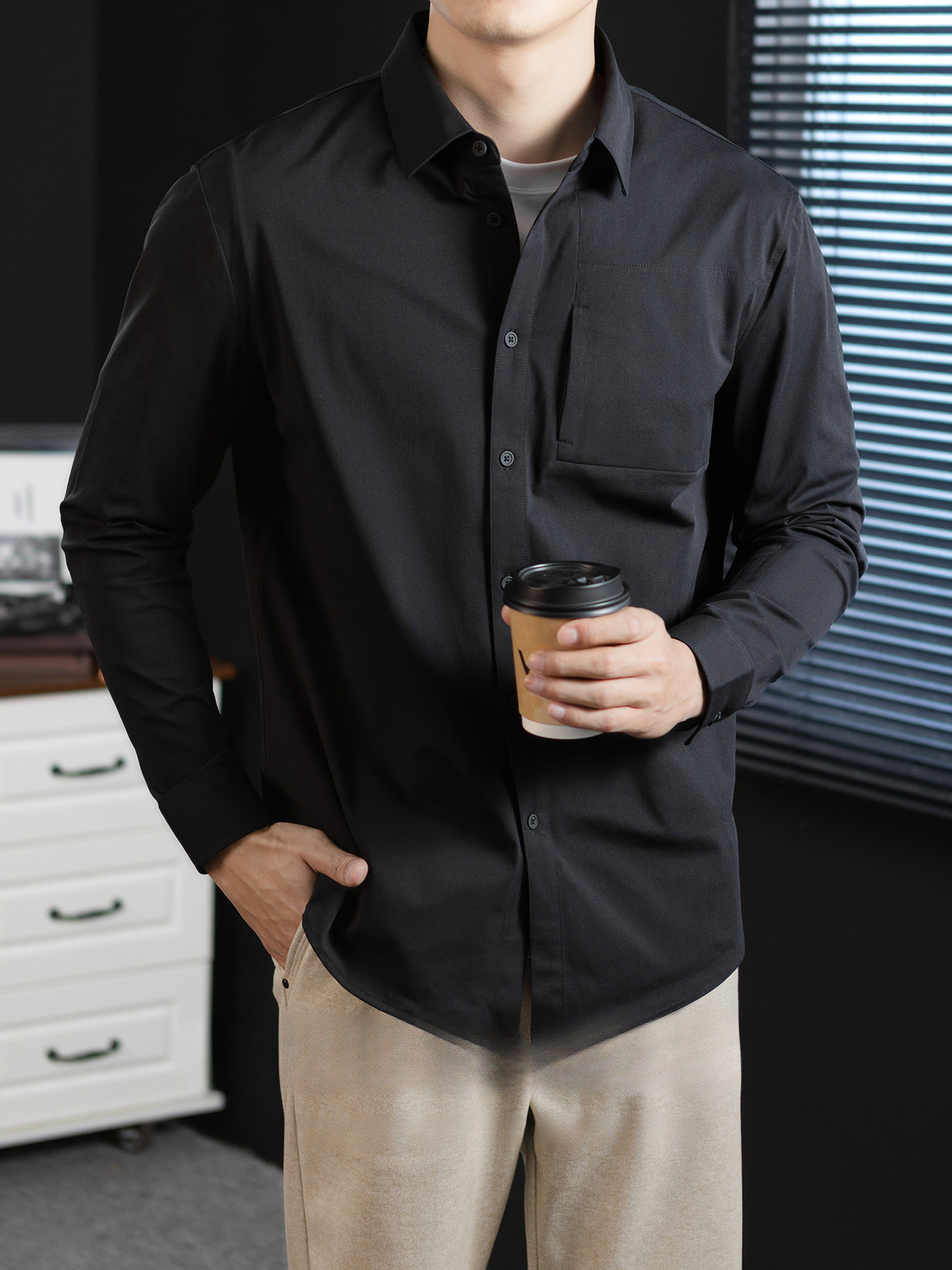 【都市通勤】米通格肌理高彈抗皺長袖襯衫男輕商務襯衣速幹春秋季