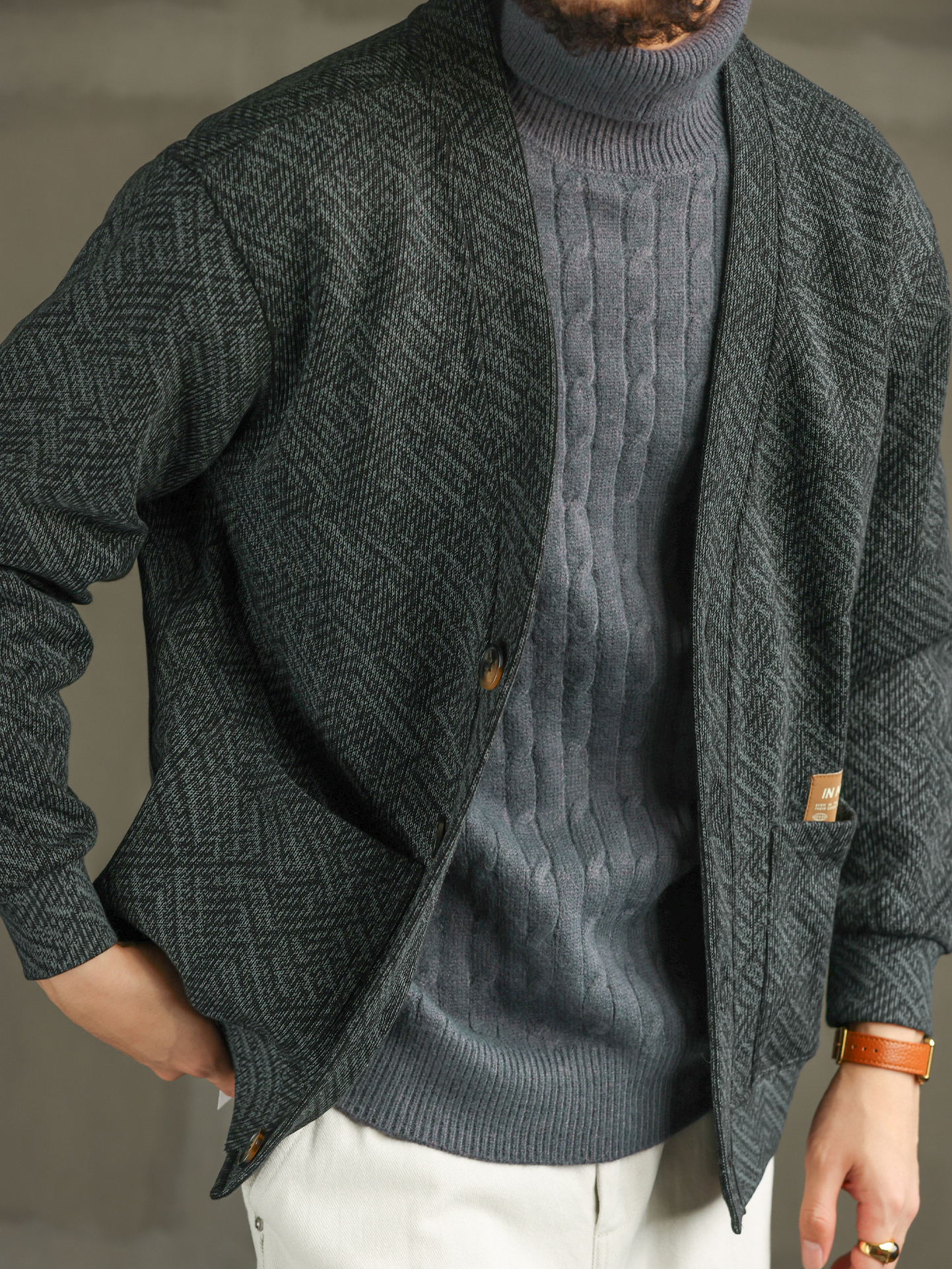 【質感通勤】慵懶鬆弛無領開衫衛衣男秋冬休閒針織衫外套