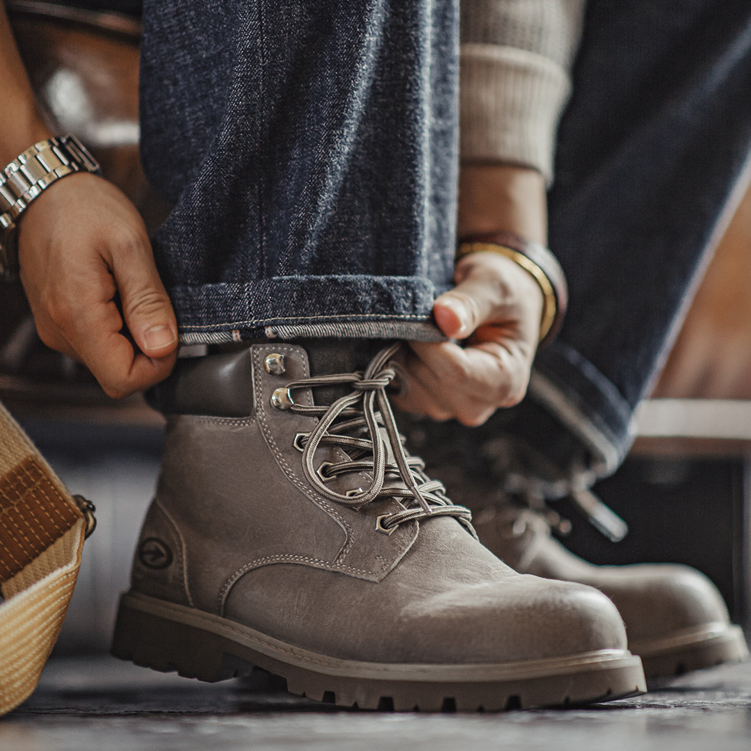 無界翻轉大黃靴男秋冬新款翻蓋中幫真皮復古美式工裝馬丁靴子