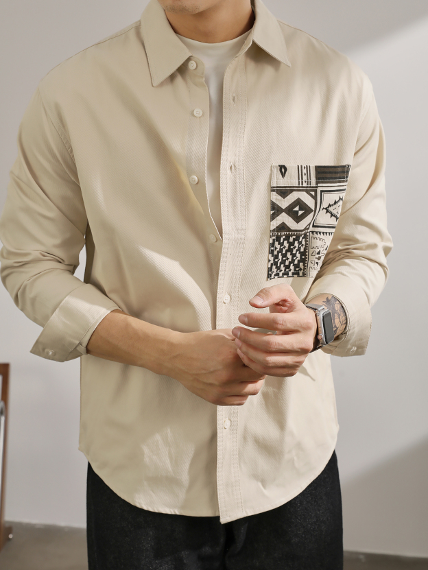 純棉斜紋拼接民族風口袋長袖襯衫男潮流痞帥小襯衣外套