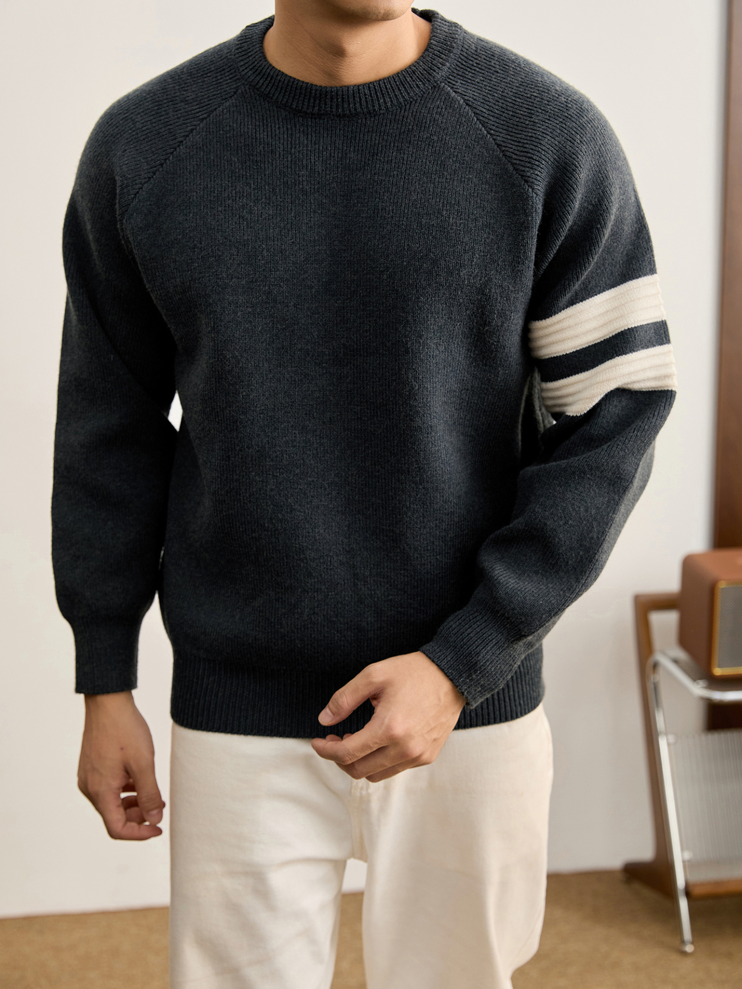 重磅810g極簡風潮奢圓領針織衫男秋冬季保暖兩道槓套頭毛衣