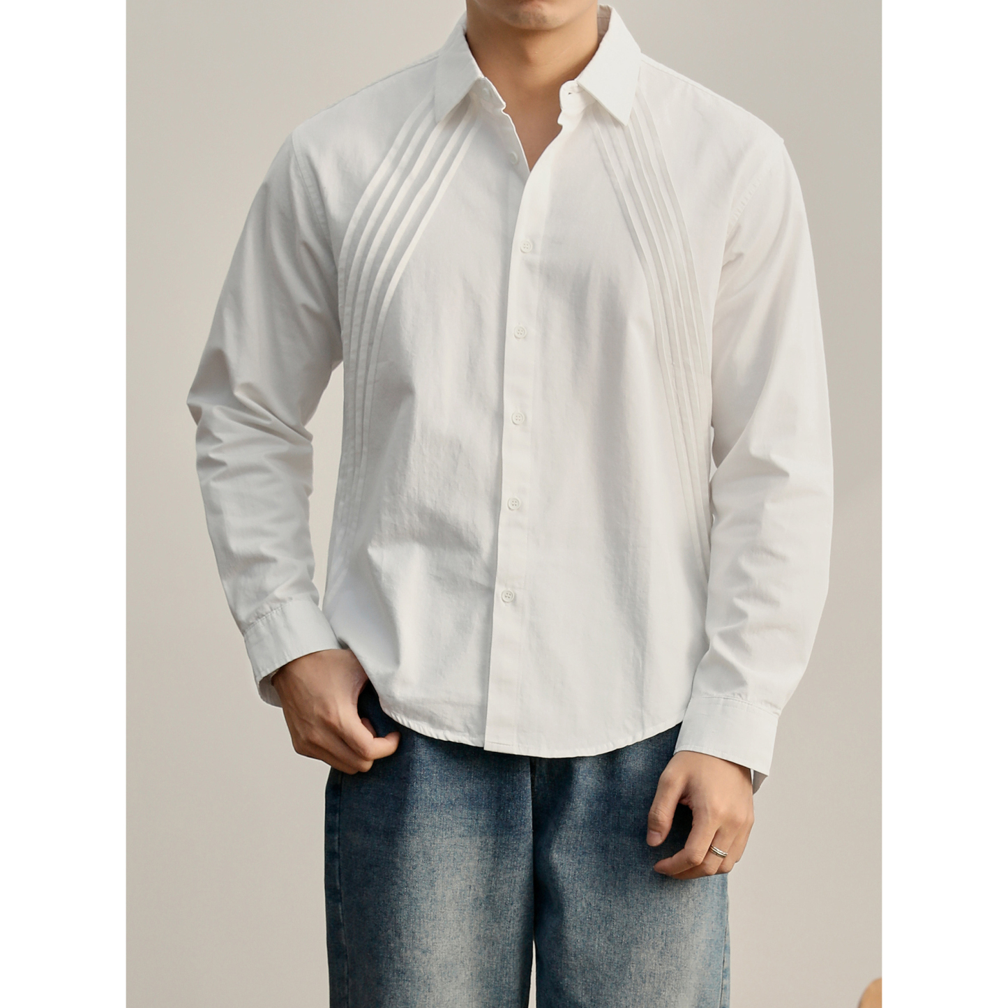 純色個性壓褶長袖襯衫100%純棉水洗挺括外穿百搭慵懶風襯衣