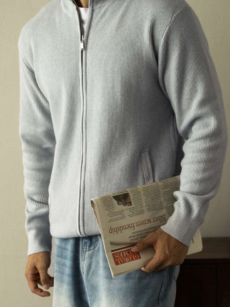 抗起球肌理男針織外套2025春外穿高領拉鍊休閒立領外套