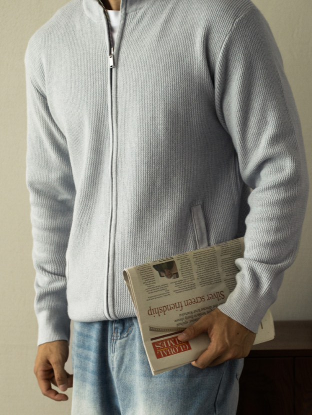 抗起球肌理男針織外套2025春外穿高領拉鍊休閒立領外套