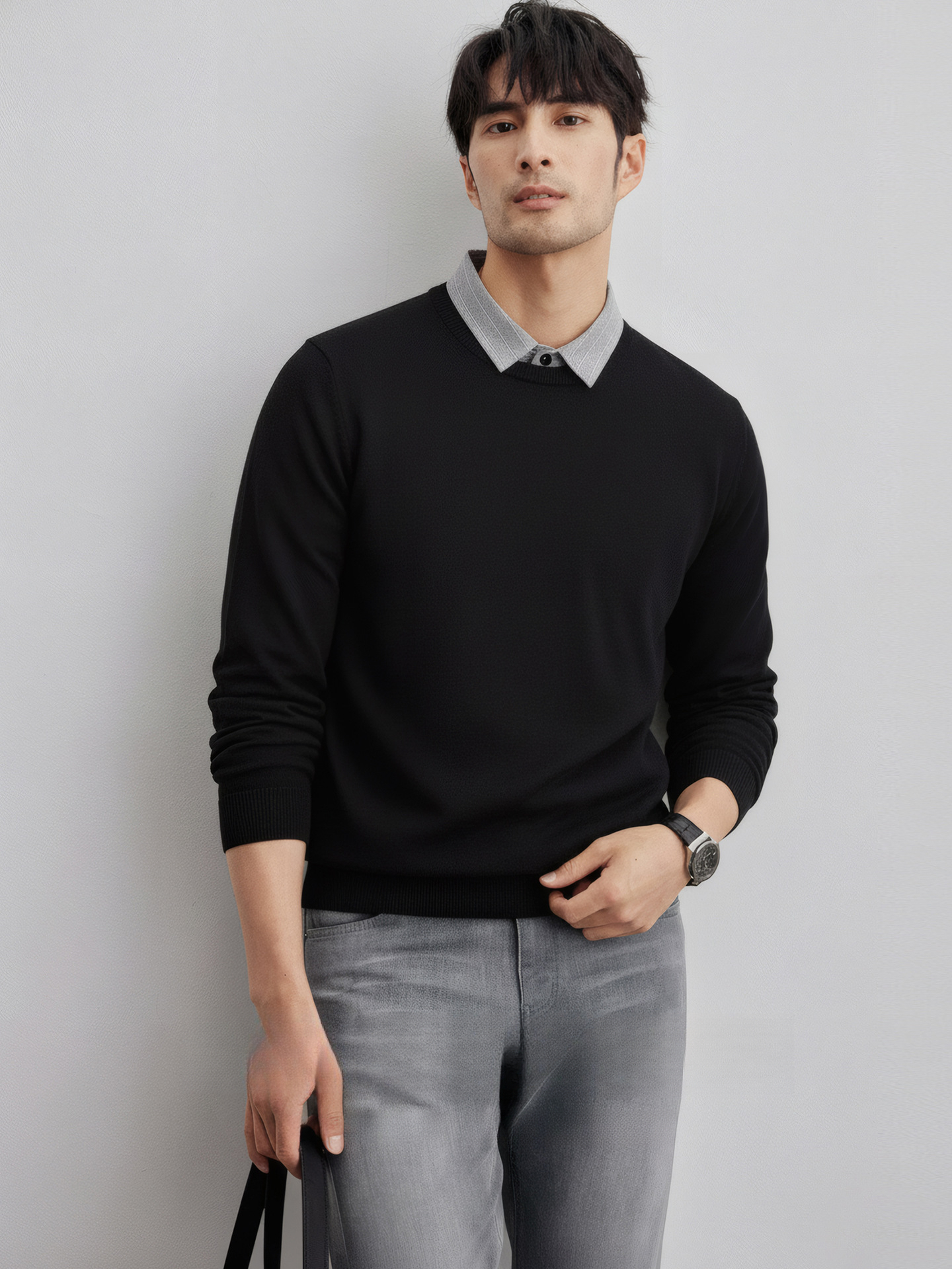 都市商務 襯衫領假兩件毛衣男士加厚保暖秋冬高端通勤舒適針織衫