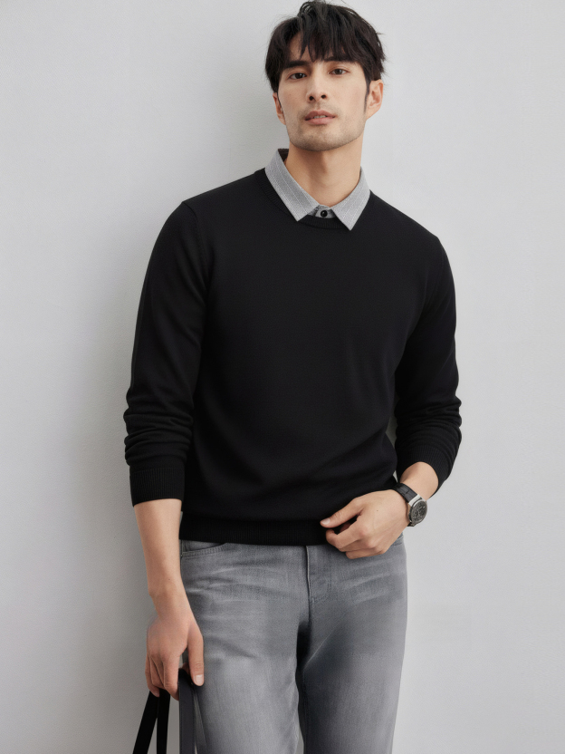 都市商務 襯衫領假兩件毛衣男士加厚保暖秋冬高端通勤舒適針織衫