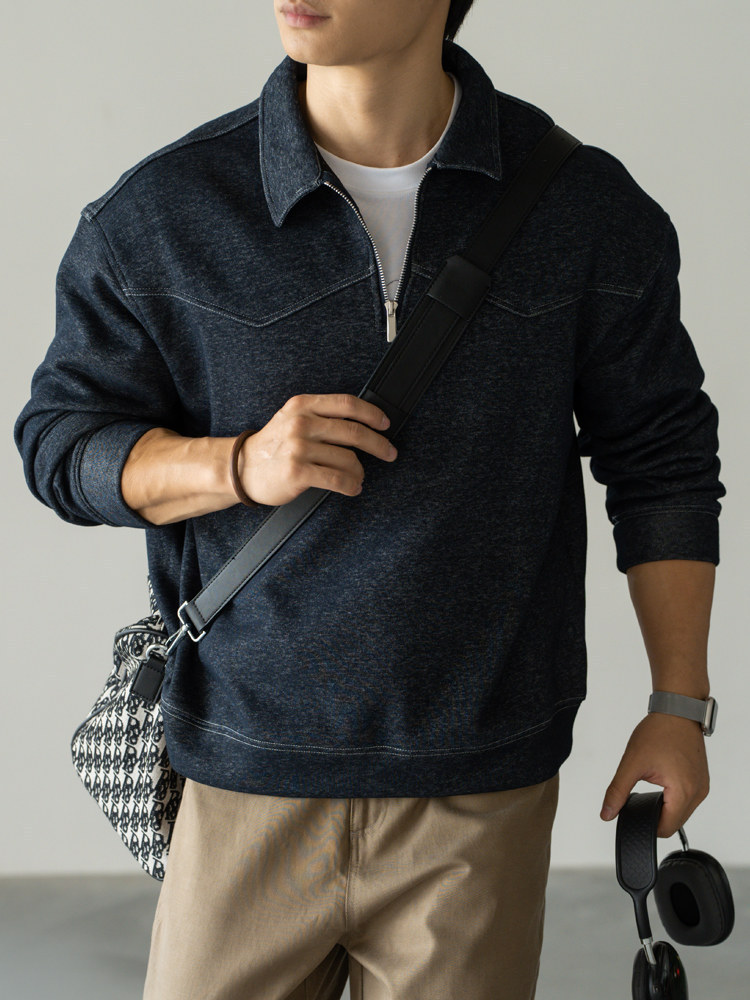 美式棉質雙色紗線撞色翻領衛衣男士仿牛仔保暖休閒新款上衣